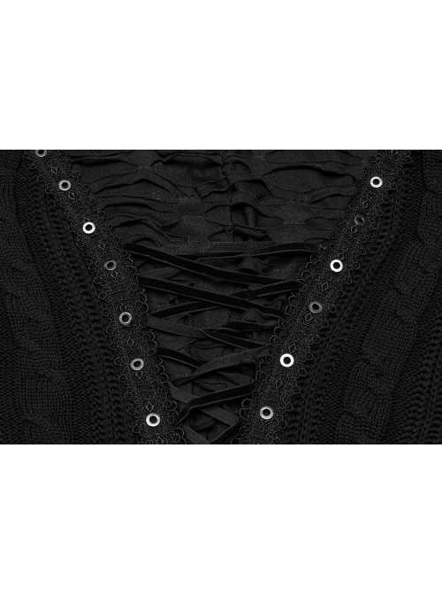Black Unique Decadent Hole Splicing Back Drawstring Design Gothic Style Trumpet Sleeves Knitted Hooded Coat