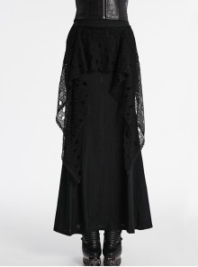 Black Decadent Unique Hole Lace Mesh Spliced ​​Knitted Punk Style Fishtail Skirt