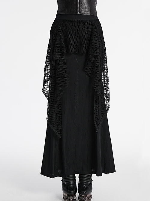 Black Decadent Unique Hole Lace Mesh Spliced Knitted Punk Style Fishtail Skirt