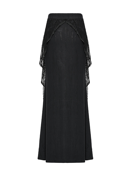Black Decadent Unique Hole Lace Mesh Spliced Knitted Punk Style Fishtail Skirt