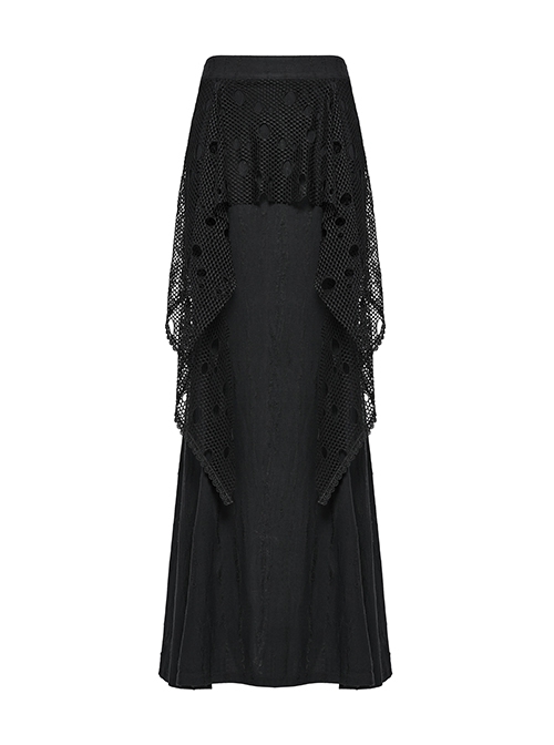 Black Decadent Unique Hole Lace Mesh Spliced Knitted Punk Style Fishtail Skirt