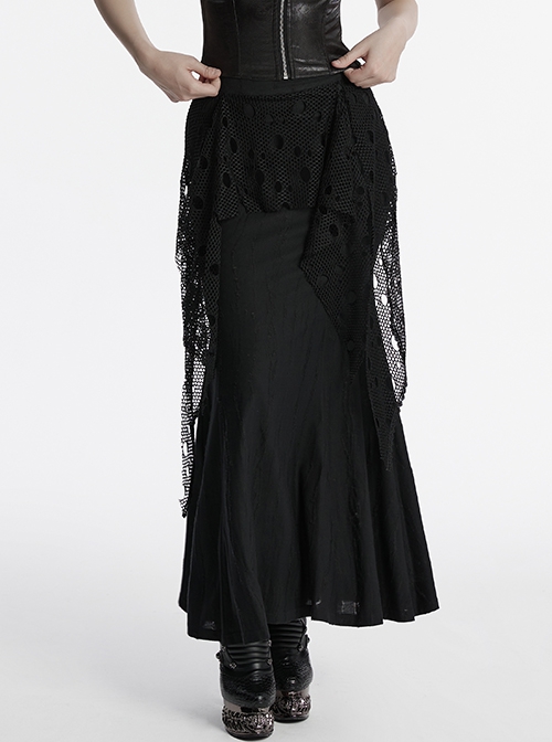 Black Decadent Unique Hole Lace Mesh Spliced Knitted Punk Style Fishtail Skirt