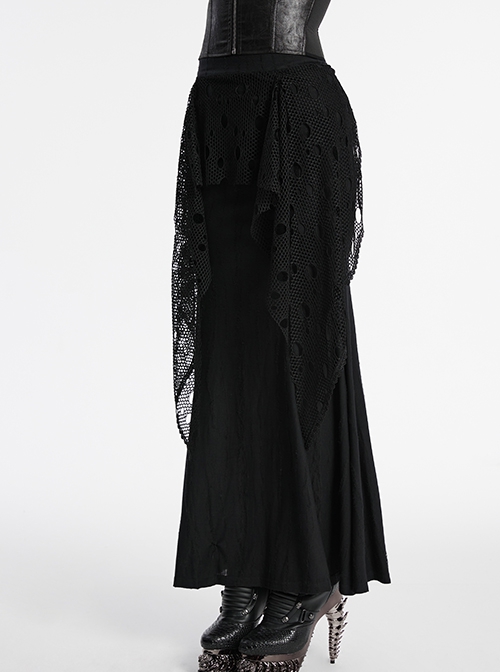 Black Decadent Unique Hole Lace Mesh Spliced Knitted Punk Style Fishtail Skirt