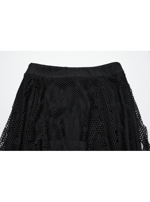 Black Decadent Unique Hole Lace Mesh Spliced Knitted Punk Style Fishtail Skirt