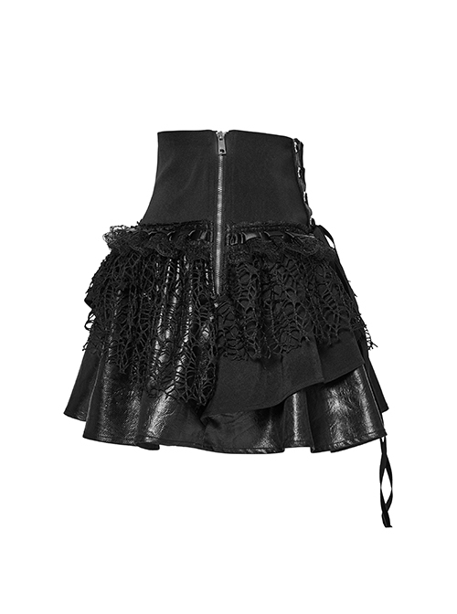 Black Irregular Mesh Lace Splicing Design Waist Drawstring Punk Style Fluffy Cake Skirt