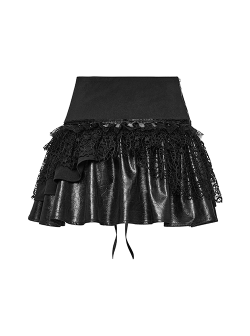 Black Irregular Mesh Lace Splicing Design Waist Drawstring Punk Style Fluffy Cake Skirt