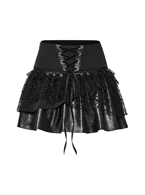 Black Irregular Mesh Lace Splicing Design Waist Drawstring Punk Style Fluffy Cake Skirt