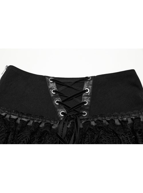 Black Irregular Mesh Lace Splicing Design Waist Drawstring Punk Style Fluffy Cake Skirt