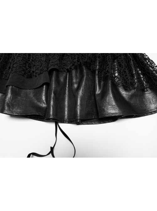 Black Irregular Mesh Lace Splicing Design Waist Drawstring Punk Style Fluffy Cake Skirt