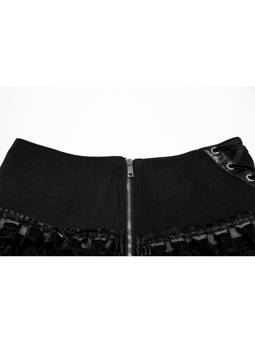 Black Irregular Mesh Lace Splicing Design Waist Drawstring Punk Style Fluffy Cake Skirt