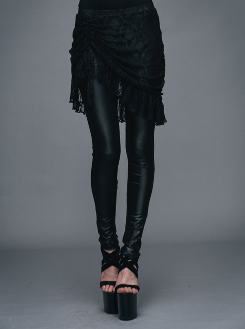 Fringe Gathering Small Rose Mesh Lace Front Side Lace-Up Black Gothic Skirt