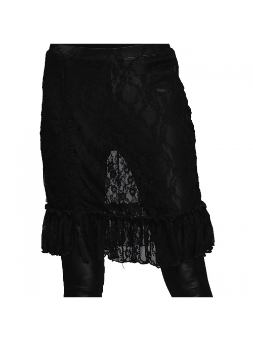Fringe Gathering Small Rose Mesh Lace Front Side Lace-Up Black Gothic Skirt