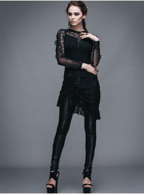 Fringe Gathering Small Rose Mesh Lace Front Side Lace-Up Black Gothic Skirt