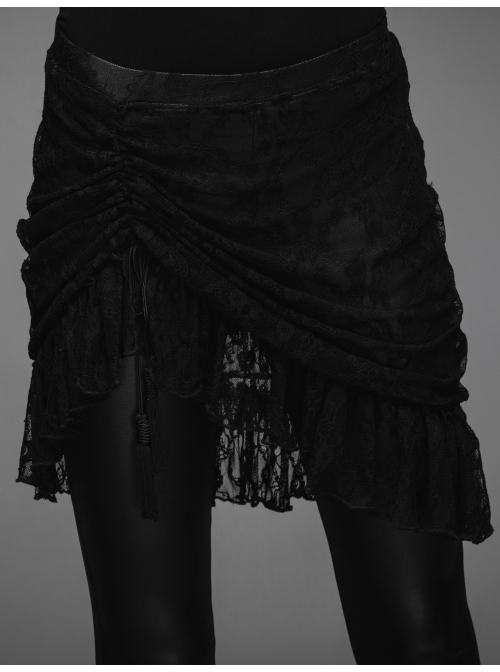Fringe Gathering Small Rose Mesh Lace Front Side Lace-Up Black Gothic Skirt
