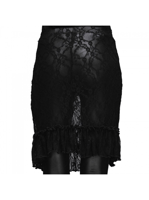 Fringe Gathering Small Rose Mesh Lace Front Side Lace-Up Black Gothic Skirt