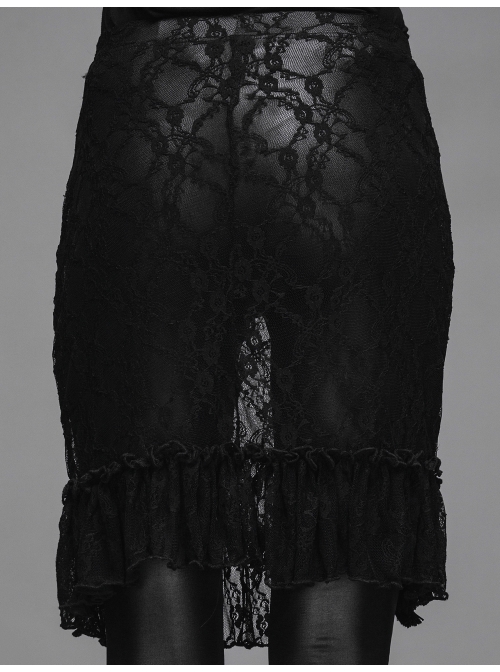 Fringe Gathering Small Rose Mesh Lace Front Side Lace-Up Black Gothic Skirt