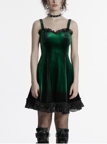 Elegant Green Gradient Sexy Vintage Velvet Delicate Lace Ruffles Decorated Gothic Style Suspender Dress