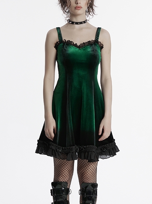 Elegant Green Gradient Sexy Vintage Velvet Delicate Lace Ruffles Decorated Gothic Style Suspender Dress