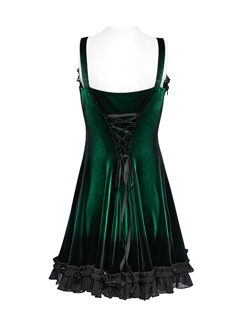 Elegant Green Gradient Sexy Vintage Velvet Delicate Lace Ruffles Decorated Gothic Style Suspender Dress