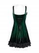 Elegant Green Gradient Sexy Vintage Velvet Delicate Lace Ruffles Decorated Gothic Style Suspender Dress