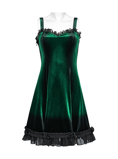 Elegant Green Gradient Sexy Vintage Velvet Delicate Lace Ruffles Decorated Gothic Style Suspender Dress