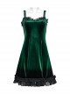 Elegant Green Gradient Sexy Vintage Velvet Delicate Lace Ruffles Decorated Gothic Style Suspender Dress