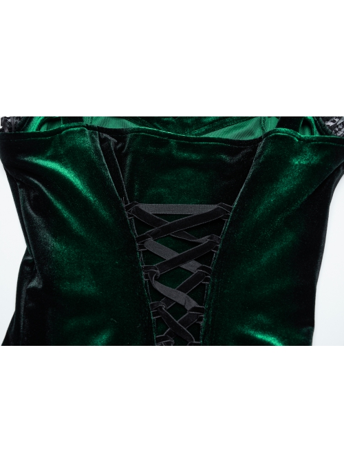 Elegant Green Gradient Sexy Vintage Velvet Delicate Lace Ruffles Decorated Gothic Style Suspender Dress