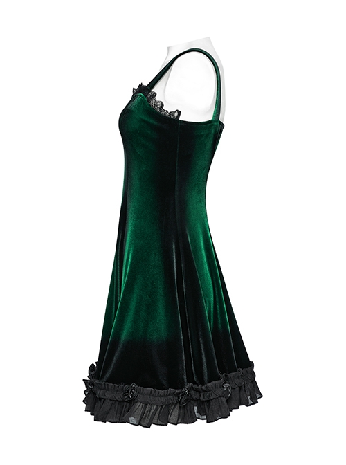 Elegant Green Gradient Sexy Vintage Velvet Delicate Lace Ruffles Decorated Gothic Style Suspender Dress
