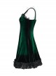 Elegant Green Gradient Sexy Vintage Velvet Delicate Lace Ruffles Decorated Gothic Style Suspender Dress