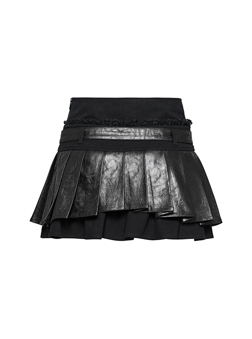 Black Cool Leather Patchwork Lace Ruffles Metal Button Decorated Punk Style Pleated Skirt