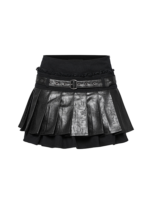 Black Cool Leather Patchwork Lace Ruffles Metal Button Decorated Punk Style Pleated Skirt