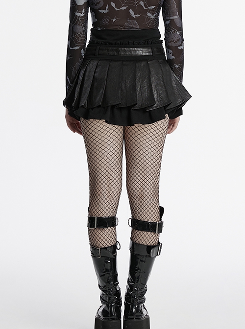 Black Cool Leather Patchwork Lace Ruffles Metal Button Decorated Punk Style Pleated Skirt