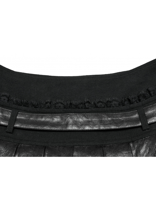 Black Cool Leather Patchwork Lace Ruffles Metal Button Decorated Punk Style Pleated Skirt