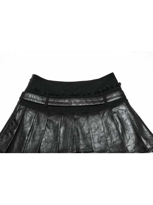 Black Cool Leather Patchwork Lace Ruffles Metal Button Decorated Punk Style Pleated Skirt
