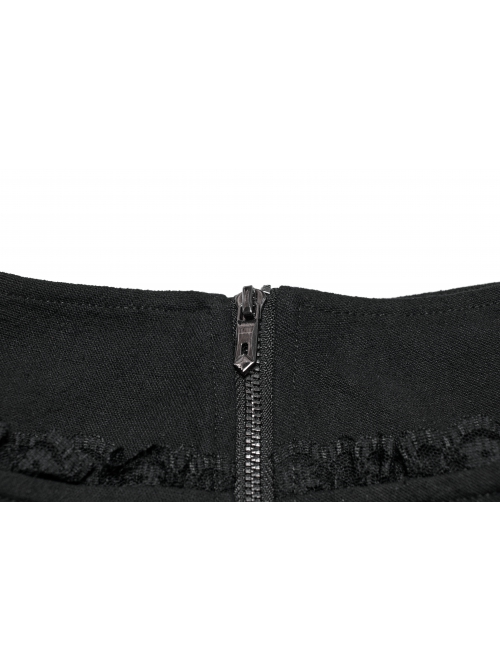 Black Cool Leather Patchwork Lace Ruffles Metal Button Decorated Punk Style Pleated Skirt