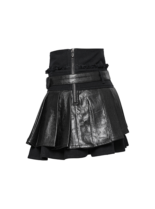 Black Cool Leather Patchwork Lace Ruffles Metal Button Decorated Punk Style Pleated Skirt