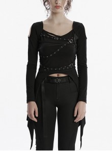 Personalized Black Sexy Off Shoulder Unique Cross Straps Metal Buckle Decorated Punk Style Long Sleeves T Shirt