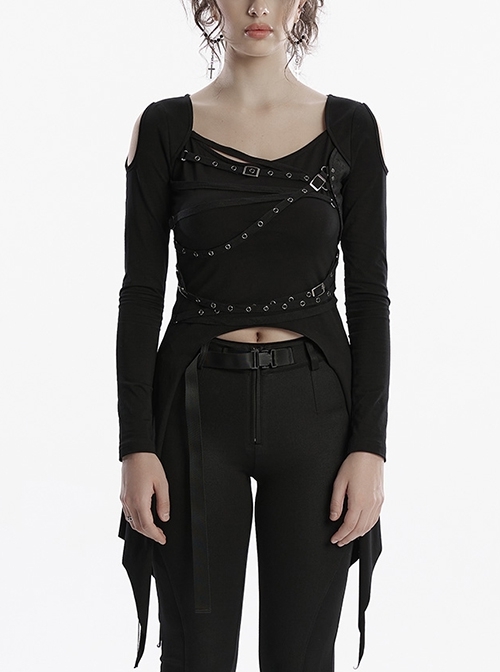 Personalized Black Sexy Off Shoulder Unique Cross Straps Metal Buckle Decorated Punk Style Long Sleeves T Shirt