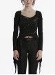 Personalized Black Sexy Off Shoulder Unique Cross Straps Metal Buckle Decorated Punk Style Long Sleeves T Shirt