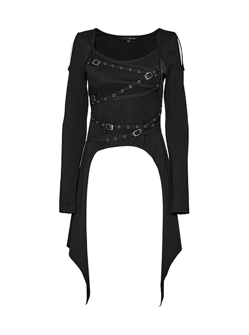Personalized Black Sexy Off Shoulder Unique Cross Straps Metal Buckle Decorated Punk Style Long Sleeves T Shirt