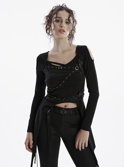 Personalized Black Sexy Off Shoulder Unique Cross Straps Metal Buckle Decorated Punk Style Long Sleeves T Shirt
