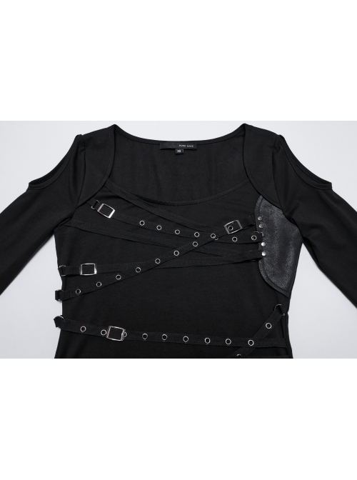 Personalized Black Sexy Off Shoulder Unique Cross Straps Metal Buckle Decorated Punk Style Long Sleeves T Shirt