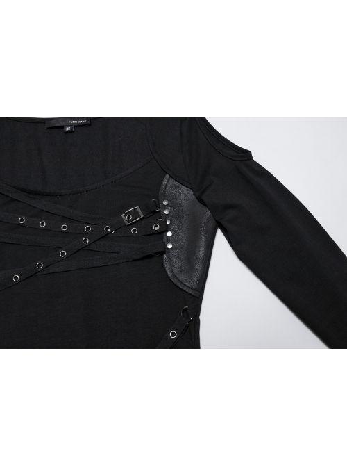 Personalized Black Sexy Off Shoulder Unique Cross Straps Metal Buckle Decorated Punk Style Long Sleeves T Shirt