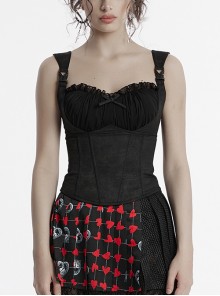 Black Sexy Delicate Rose Pattern Chest Gathered Ruffles Waist Sweet Bow Gothic Style Camisole Top