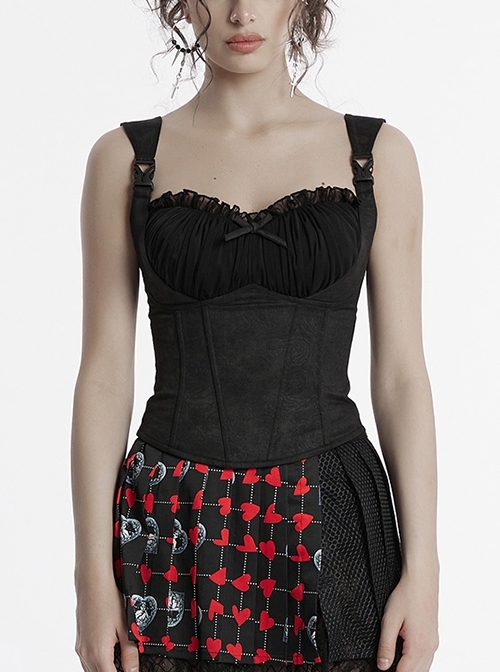 Black Sexy Delicate Rose Pattern Chest Gathered Ruffles Waist Sweet Bow Gothic Style Camisole Top
