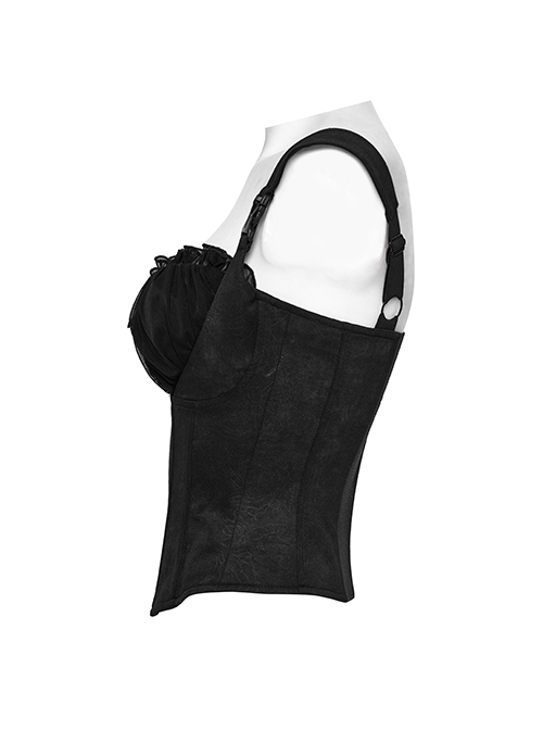 Black Sexy Delicate Rose Pattern Chest Gathered Ruffles Waist Sweet Bow Gothic Style Camisole Top