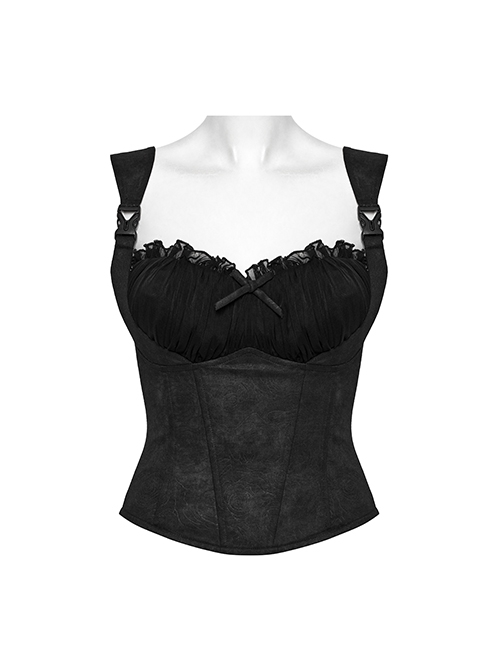 Black Sexy Delicate Rose Pattern Chest Gathered Ruffles Waist Sweet Bow Gothic Style Camisole Top