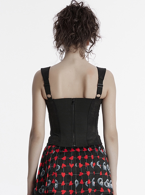 Black Sexy Delicate Rose Pattern Chest Gathered Ruffles Waist Sweet Bow Gothic Style Camisole Top