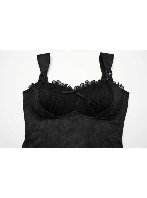 Black Sexy Delicate Rose Pattern Chest Gathered Ruffles Waist Sweet Bow Gothic Style Camisole Top