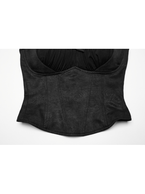 Black Sexy Delicate Rose Pattern Chest Gathered Ruffles Waist Sweet Bow Gothic Style Camisole Top